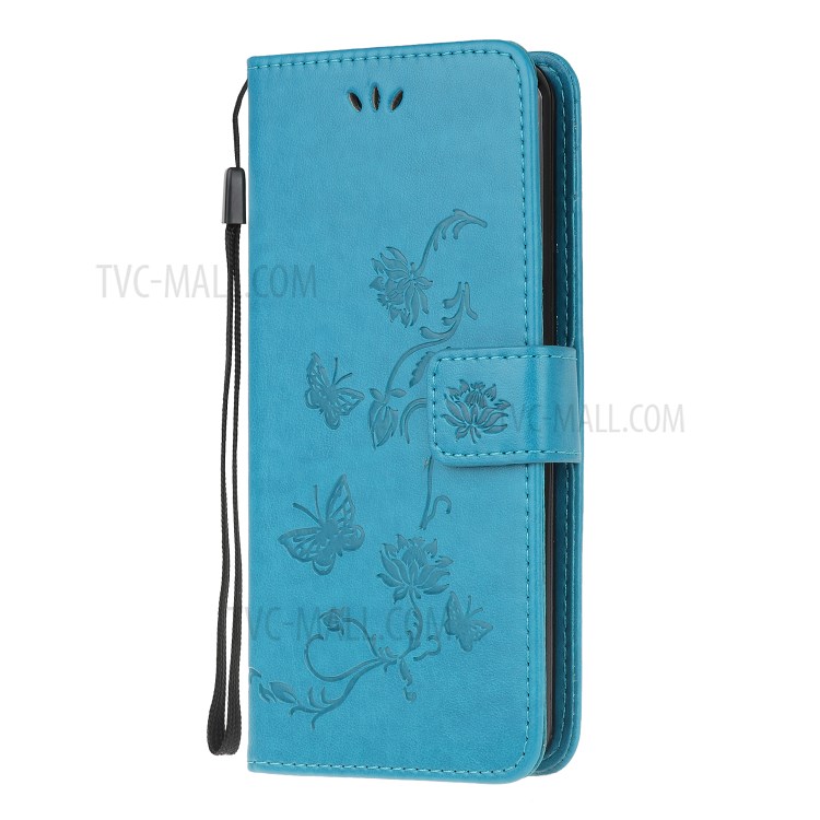 Imprint Butterfly Flower PU Leather Flip Stand Phone Case for Samsung Galaxy A21 - Blue-2