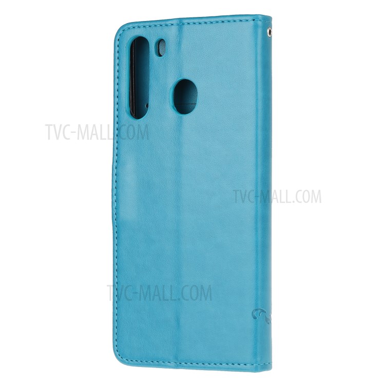 Imprint Butterfly Flower PU Leather Flip Stand Phone Case for Samsung Galaxy A21 - Blue-3
