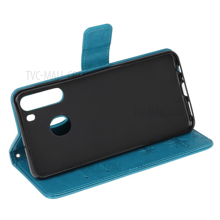 Imprint Butterfly Flower PU Leather Flip Stand Phone Case for Samsung Galaxy A21 - Blue-4