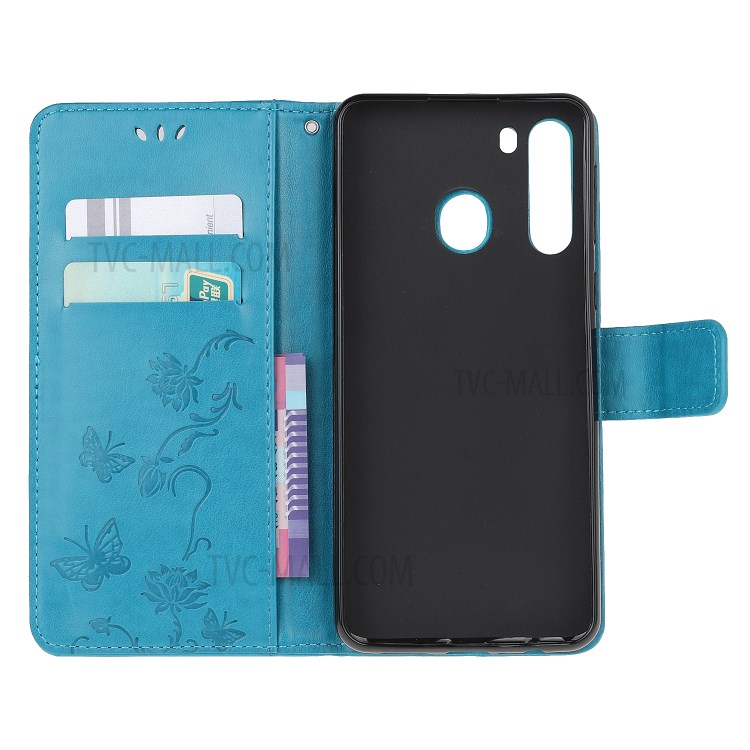 Imprint Butterfly Flower PU Leather Flip Stand Phone Case for Samsung Galaxy A21 - Blue-5