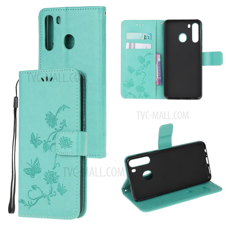 Imprint Butterfly Flower PU Leather Flip Stand Phone Case for Samsung Galaxy A21 - Green-1
