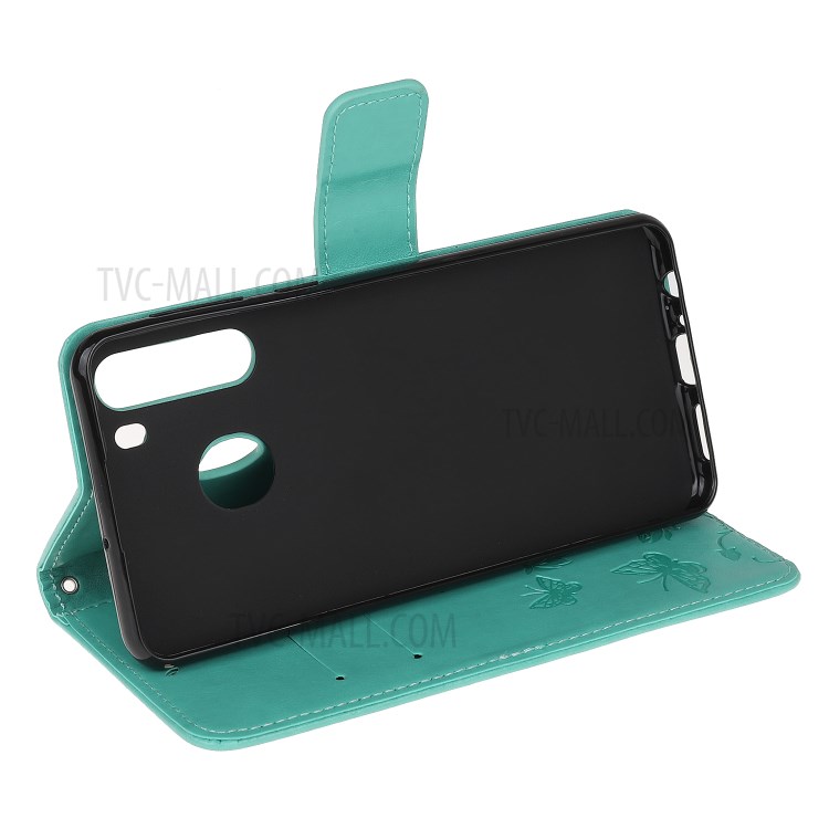 Imprint Butterfly Flower PU Leather Flip Stand Phone Case for Samsung Galaxy A21 - Green-4