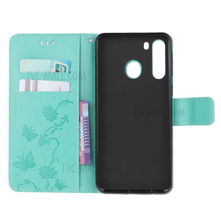 Imprint Butterfly Flower PU Leather Flip Stand Phone Case for Samsung Galaxy A21 - Green-5