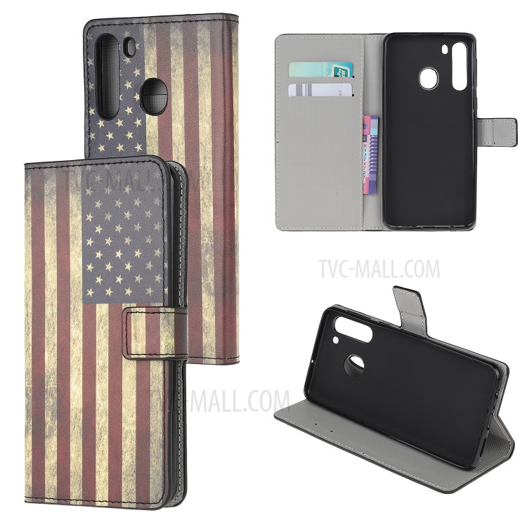 Stand Wallet Phone Case Patterns Stylish PU Leather Cover for Samsung Galaxy A21 - American Flag-1
