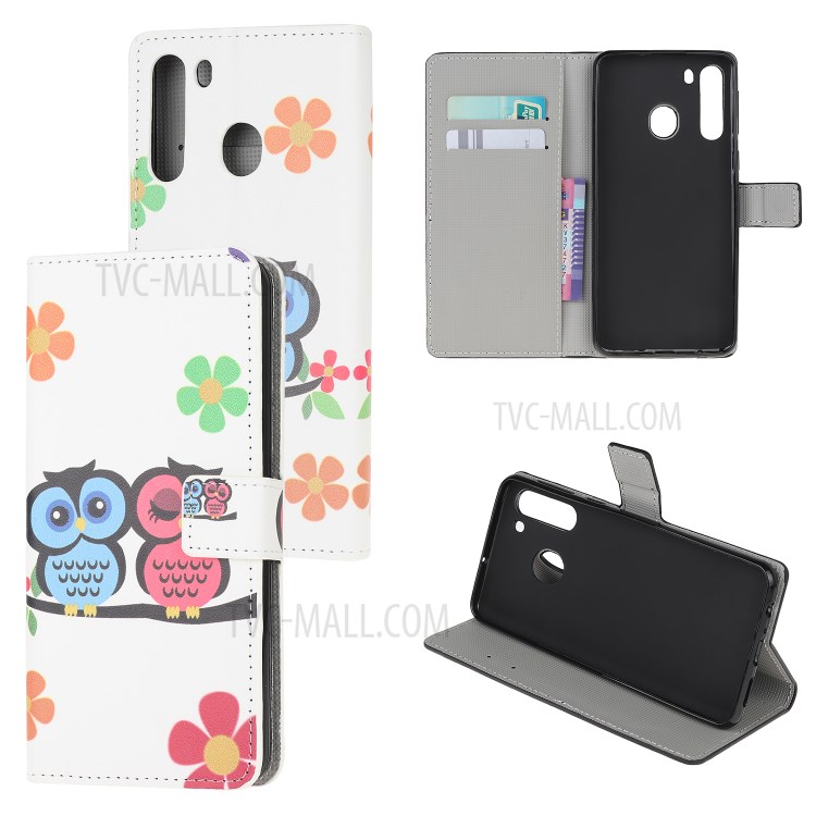 Stand Wallet Phone Case Patterns Stylish PU Leather Cover for Samsung Galaxy A21 - Owls-1
