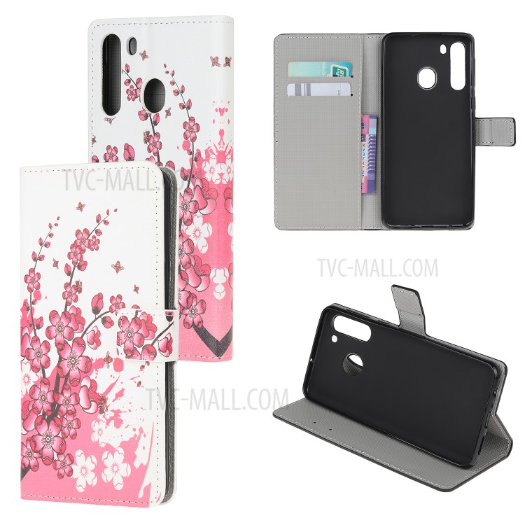 Stand Wallet Phone Case Patterns Stylish PU Leather Cover for Samsung Galaxy A21 - Peach Flower-1
