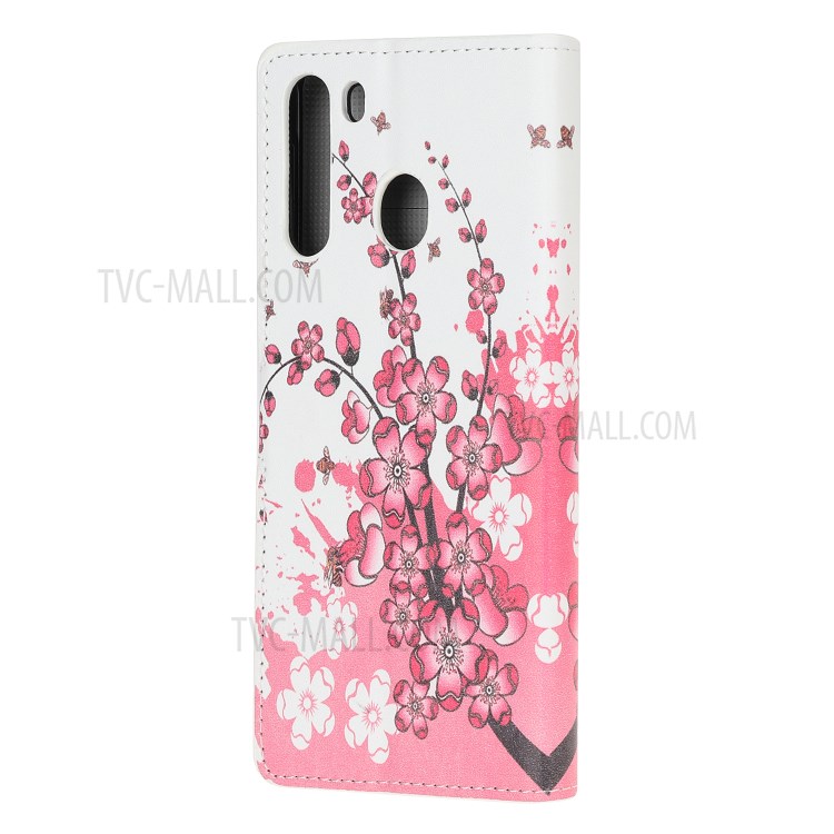 Stand Wallet Phone Case Patterns Stylish PU Leather Cover for Samsung Galaxy A21 - Peach Flower-3