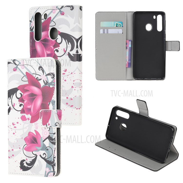 Stand Wallet Phone Case Patterns Stylish PU Leather Cover for Samsung Galaxy A21 - Purple Flowers-1