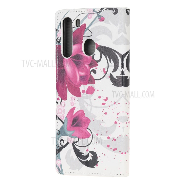 Stand Wallet Phone Case Patterns Stylish PU Leather Cover for Samsung Galaxy A21 - Purple Flowers-3