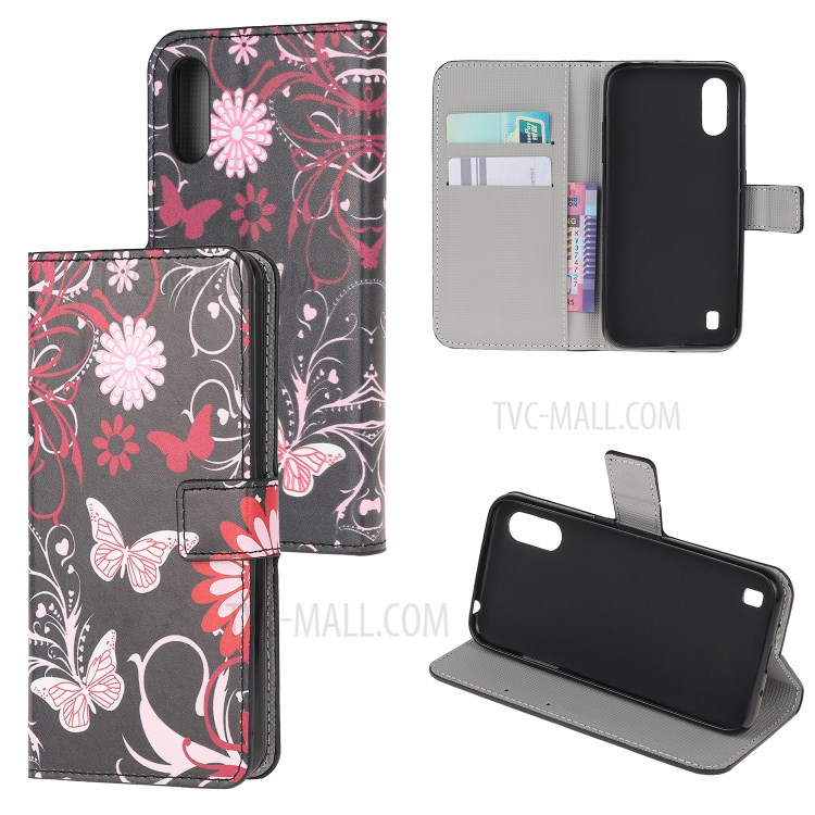 Stand Wallet Phone Case Patterns Stylish Leather Cover for Samsung Galaxy A01 - Flowers and Butterflies-1