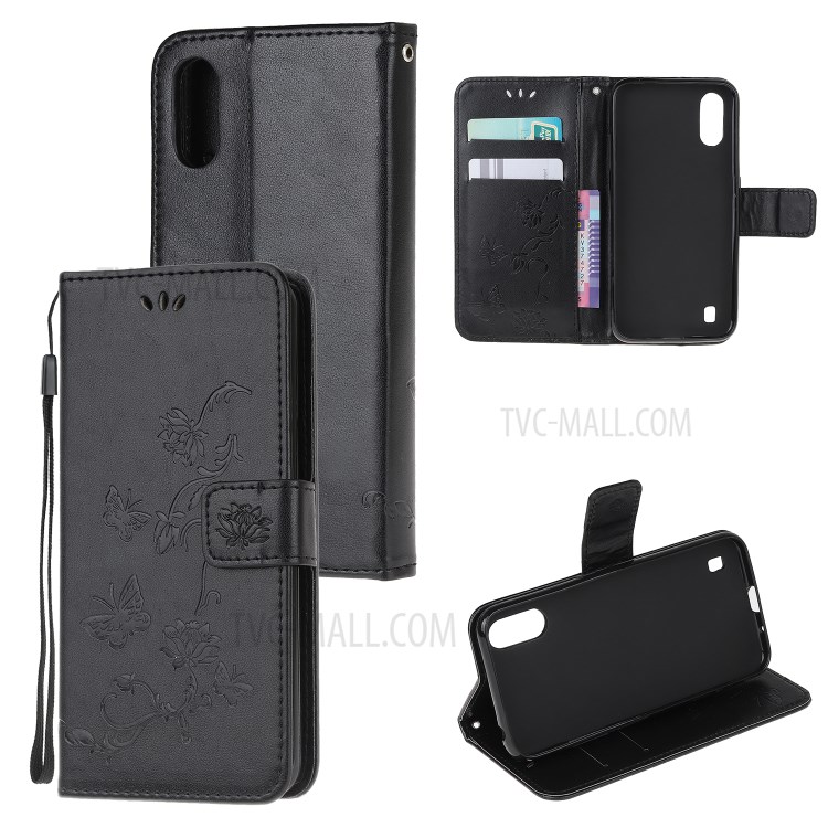 Imprint Butterfly Flower PU Leather Shell for Samsung Galaxy A01 - Black-1