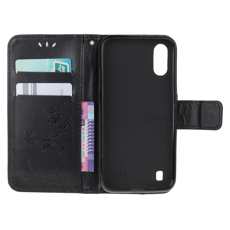 Imprint Butterfly Flower PU Leather Shell for Samsung Galaxy A01 - Black-5