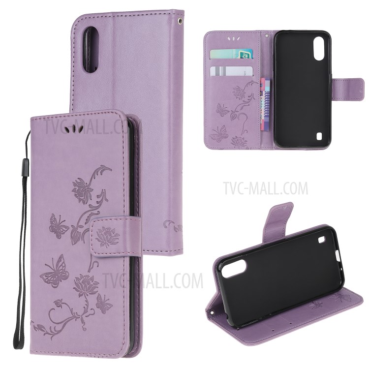 Imprint Butterfly Flower PU Leather Shell for Samsung Galaxy A01 - Light Purple-1