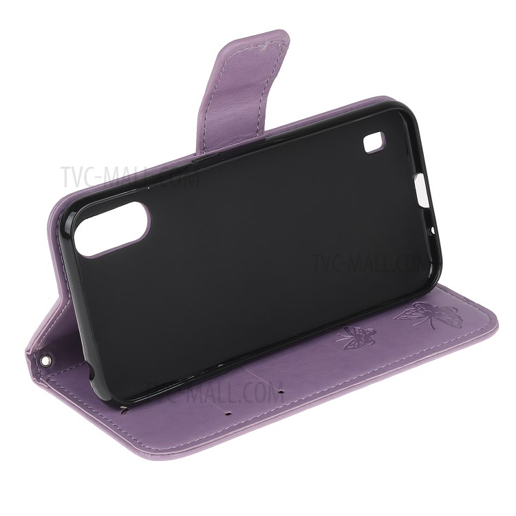 Imprint Butterfly Flower PU Leather Shell for Samsung Galaxy A01 - Light Purple-4