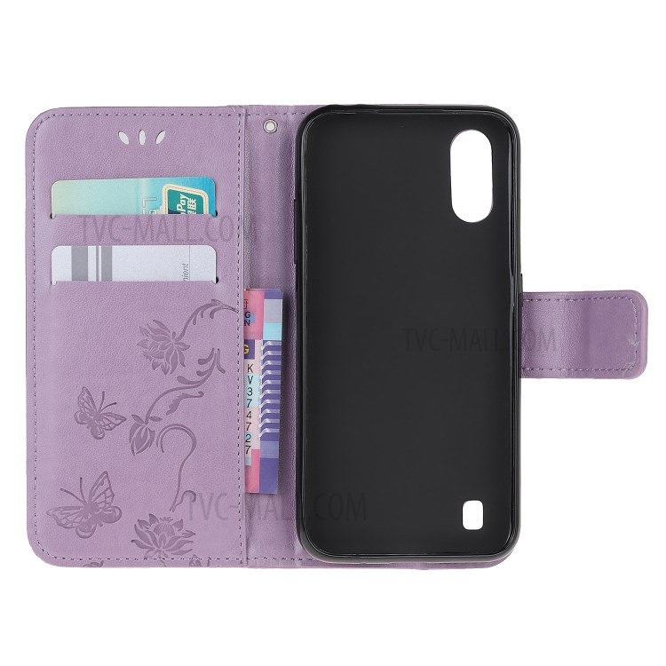 Imprint Butterfly Flower PU Leather Shell for Samsung Galaxy A01 - Light Purple-5
