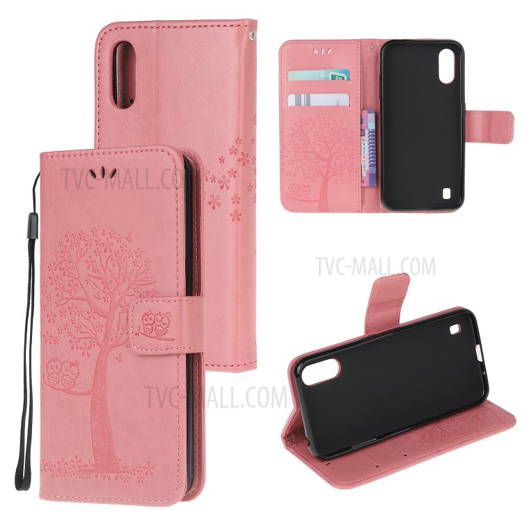 Imprint Tree Owl Leather Wallet Phone Shell for Samsung Galaxy A01 - Pink-1