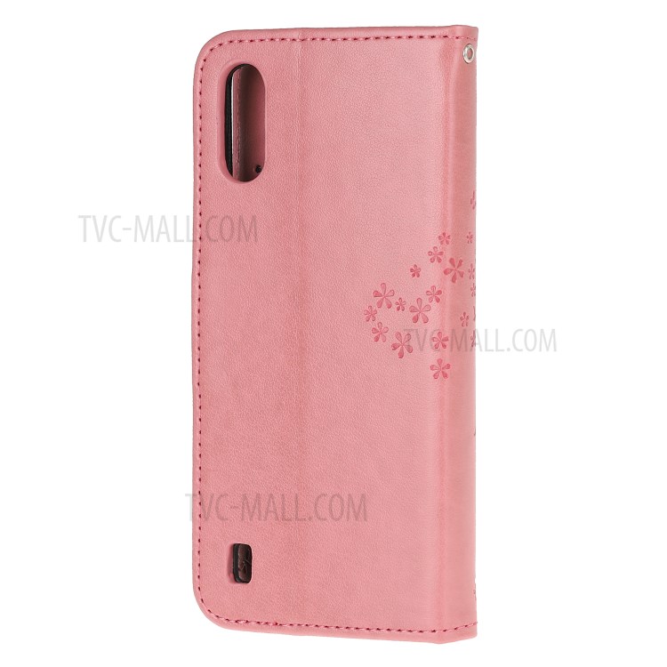 Imprint Tree Owl Leather Wallet Phone Shell for Samsung Galaxy A01 - Pink-3
