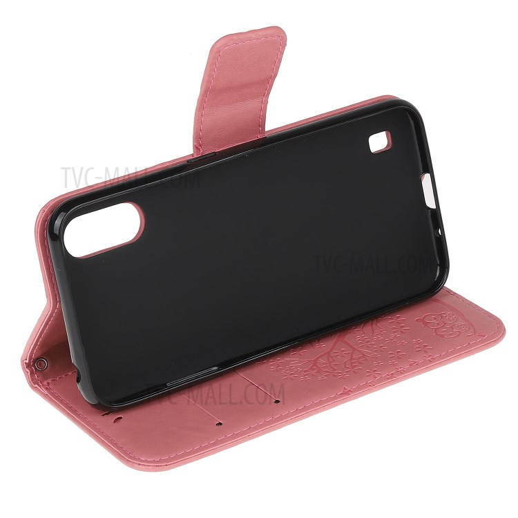 Imprint Tree Owl Leather Wallet Phone Shell for Samsung Galaxy A01 - Pink-4