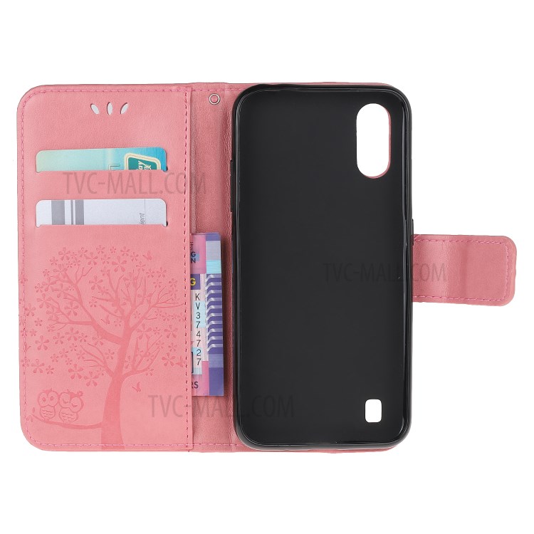 Imprint Tree Owl Leather Wallet Phone Shell for Samsung Galaxy A01 - Pink-5