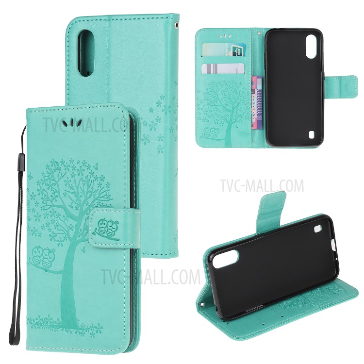 Imprint Tree Owl Leather Wallet Phone Shell for Samsung Galaxy A01 - Green-1