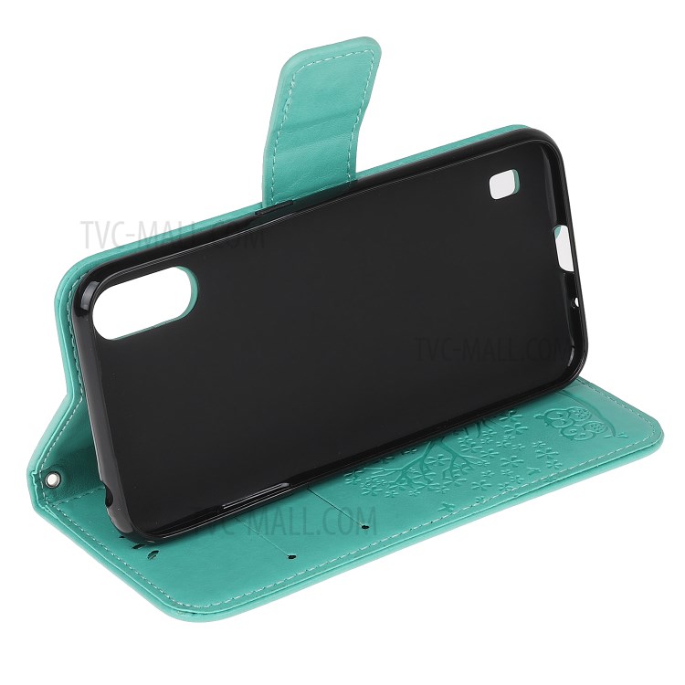 Imprint Tree Owl Leather Wallet Phone Shell for Samsung Galaxy A01 - Green-4