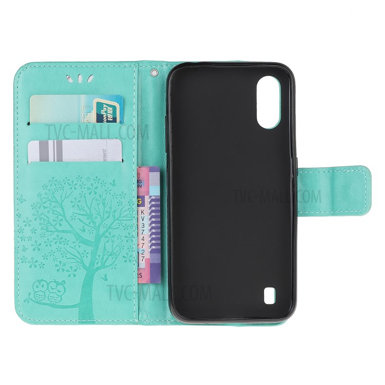 Imprint Tree Owl Leather Wallet Phone Shell for Samsung Galaxy A01 - Green-5