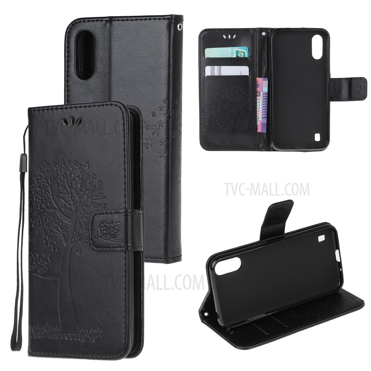 Imprint Tree Owl Leather Wallet Phone Shell for Samsung Galaxy A01 - Black-1