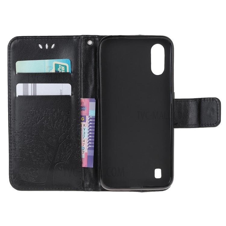 Imprint Tree Owl Leather Wallet Phone Shell for Samsung Galaxy A01 - Black-5