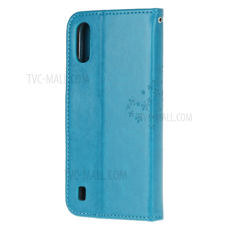 Imprint Tree Owl Leather Wallet Phone Shell for Samsung Galaxy A01 - Blue-3