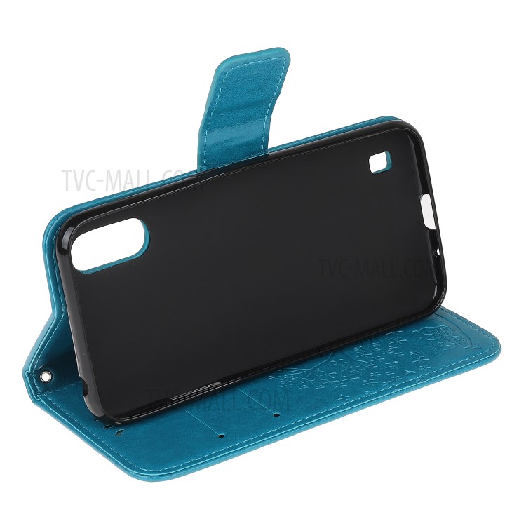 Imprint Tree Owl Leather Wallet Phone Shell for Samsung Galaxy A01 - Blue-4