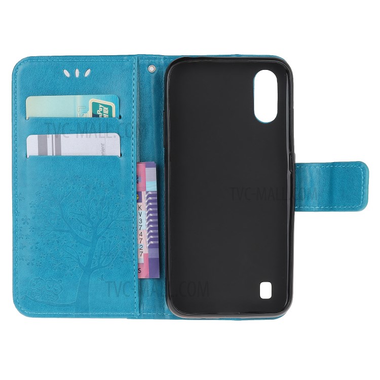 Imprint Tree Owl Leather Wallet Phone Shell for Samsung Galaxy A01 - Blue-5
