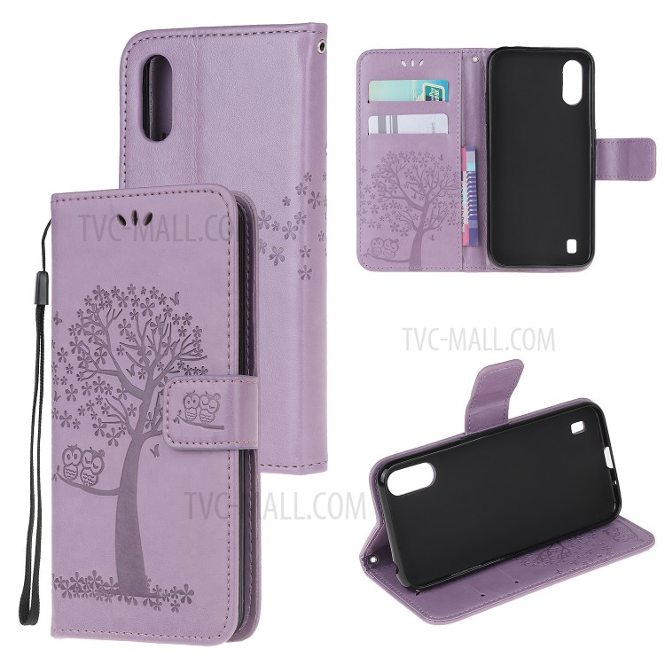 Imprint Tree Owl Leather Wallet Phone Shell for Samsung Galaxy A01 - Purple-1