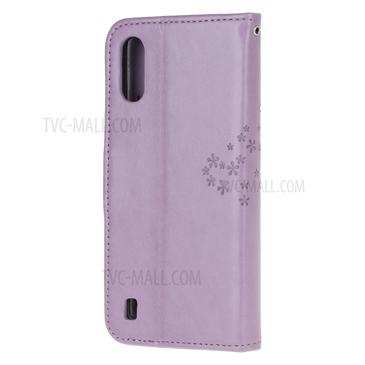 Imprint Tree Owl Leather Wallet Phone Shell for Samsung Galaxy A01 - Purple-3