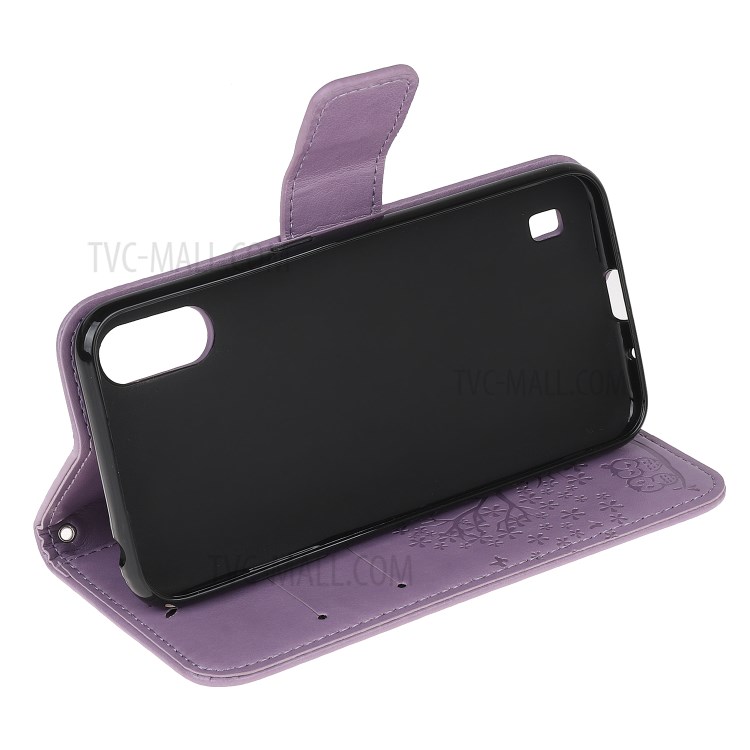 Imprint Tree Owl Leather Wallet Phone Shell for Samsung Galaxy A01 - Purple-4
