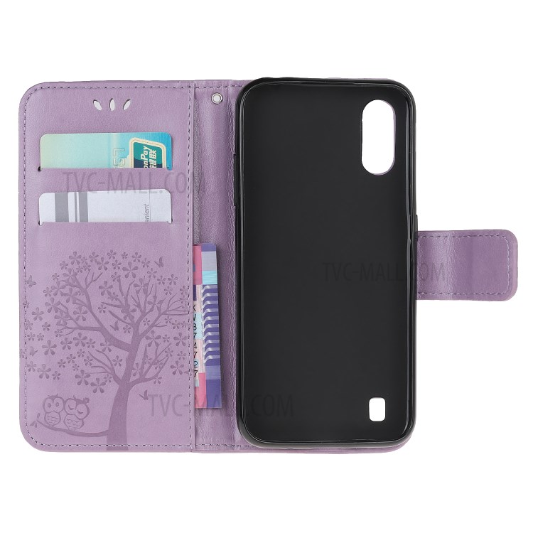 Imprint Tree Owl Leather Wallet Phone Shell for Samsung Galaxy A01 - Purple-5