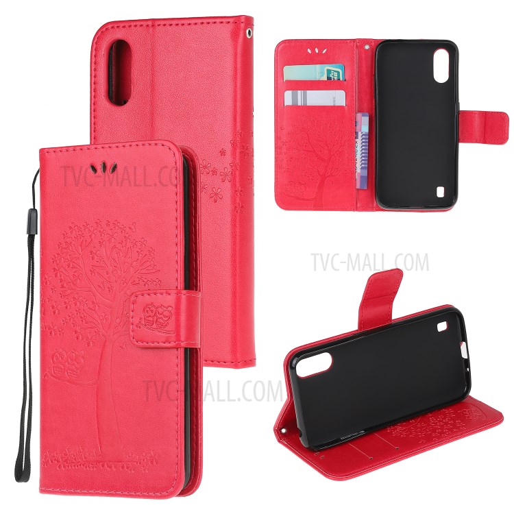 Imprint Tree Owl Leather Wallet Phone Shell for Samsung Galaxy A01 - Red-1