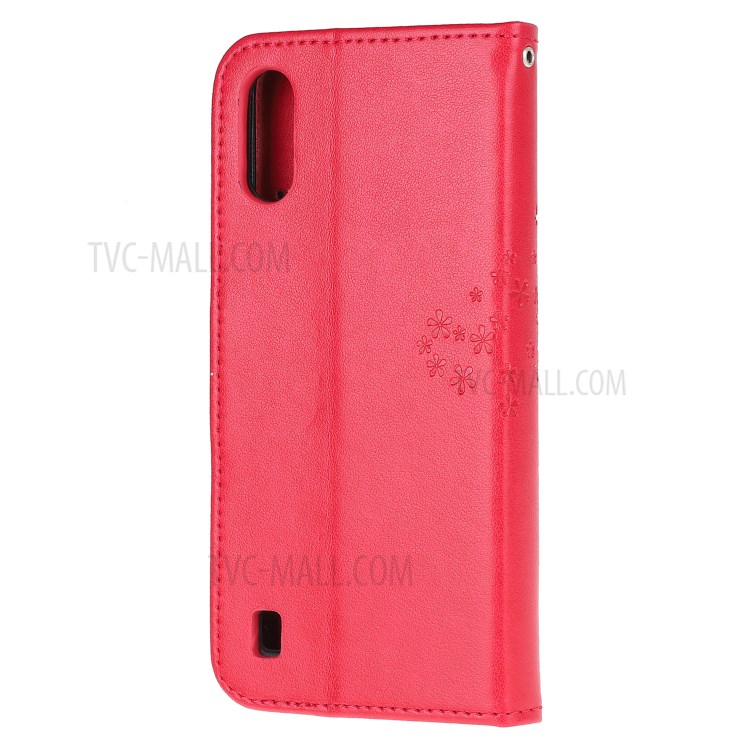 Imprint Tree Owl Leather Wallet Phone Shell for Samsung Galaxy A01 - Red-3