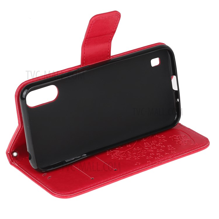 Imprint Tree Owl Leather Wallet Phone Shell for Samsung Galaxy A01 - Red-4