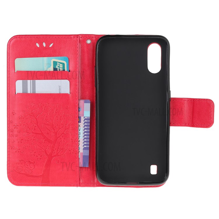 Imprint Tree Owl Leather Wallet Phone Shell for Samsung Galaxy A01 - Red-5