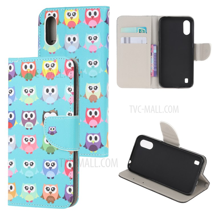 Pattern Printing Cross Texture Leather Wallet Cell Phone Covering Case for Samsung Galaxy A01 - Multiple Owls-1