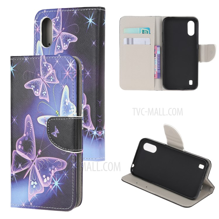 Pattern Printing Cross Texture Leather Wallet Cell Phone Covering Case for Samsung Galaxy A01 - Vivid Butterflies-1