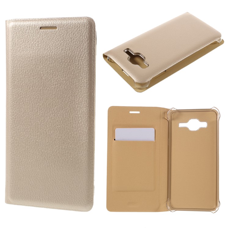 Litchi Card Holder Leather Case for Samsung Galaxy J3 (2016) / J3 - Gold-1