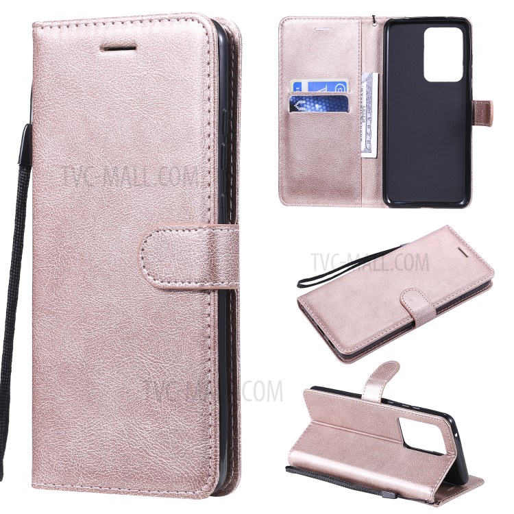 Pure Color Wallet Leather Phone Case for Samsung Galaxy S20 Ultra - Rose Gold-1