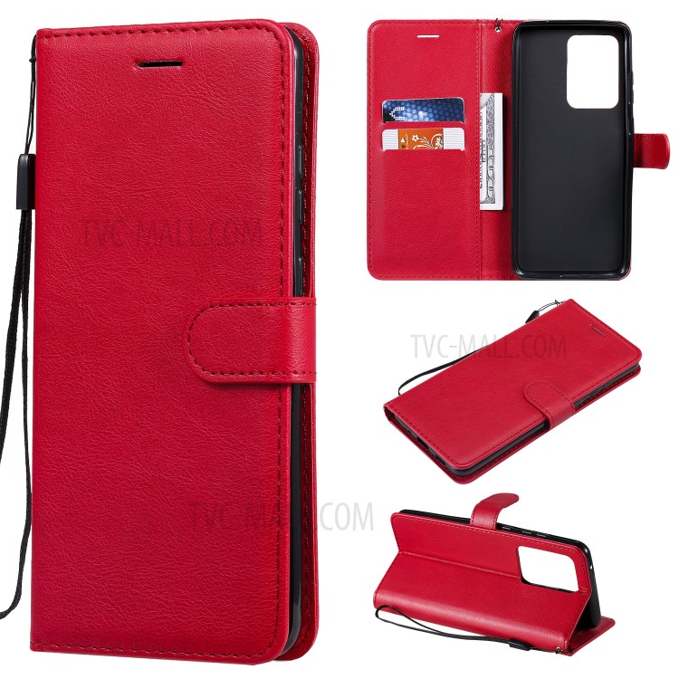 Pure Color Wallet Leather Phone Case for Samsung Galaxy S20 Ultra - Red-1