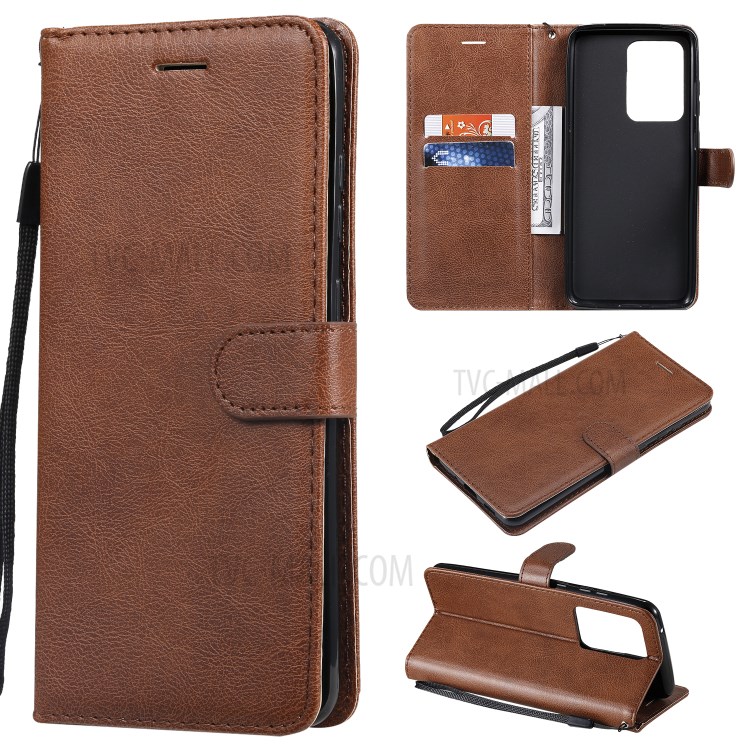 Pure Color Wallet Leather Phone Case for Samsung Galaxy S20 Ultra - Brown-1