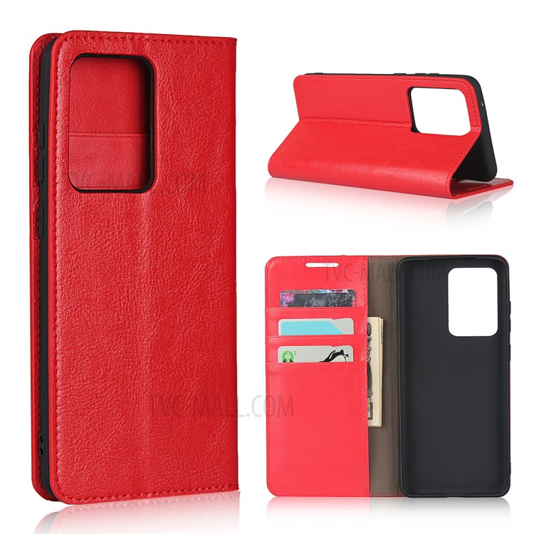 Crazy Horse Genuine Leather Wallet Stand Phone Cover for Samsung Galaxy S20 Ultra - Red-1