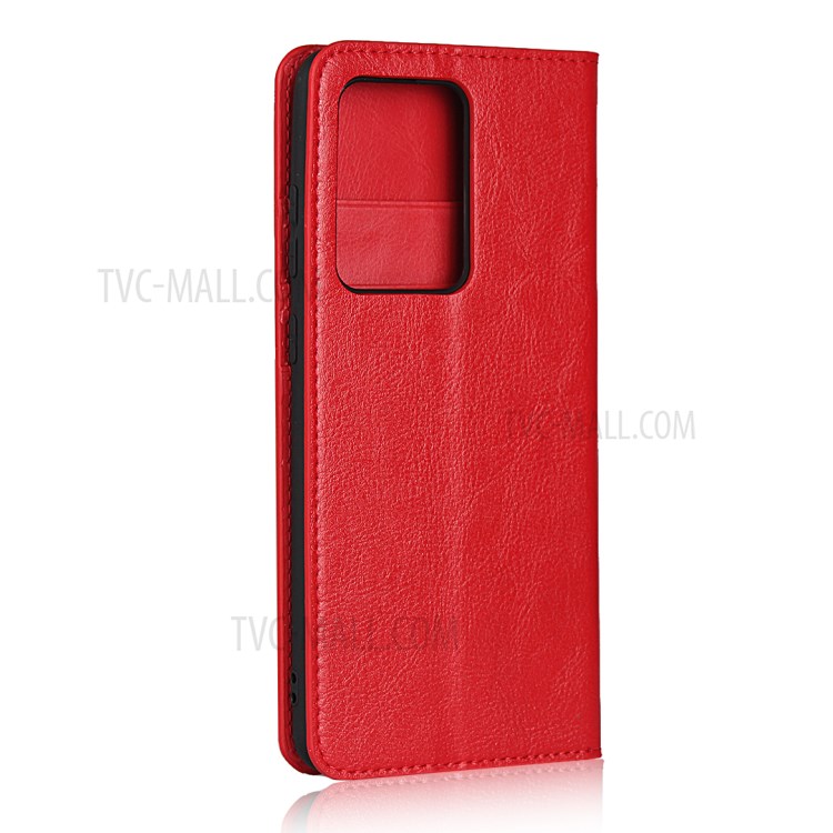 Crazy Horse Genuine Leather Wallet Stand Phone Cover for Samsung Galaxy S20 Ultra - Red-3