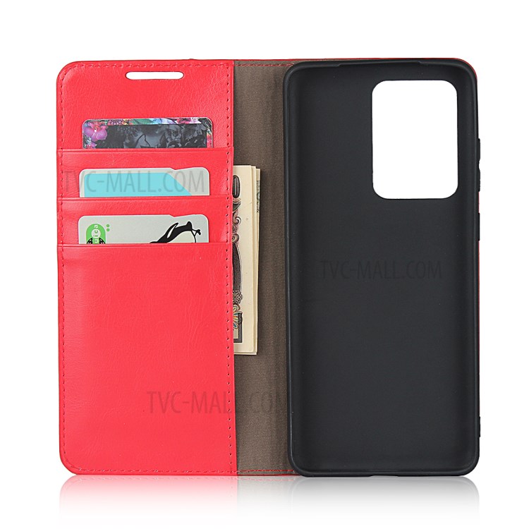 Crazy Horse Genuine Leather Wallet Stand Phone Cover for Samsung Galaxy S20 Ultra - Red-4