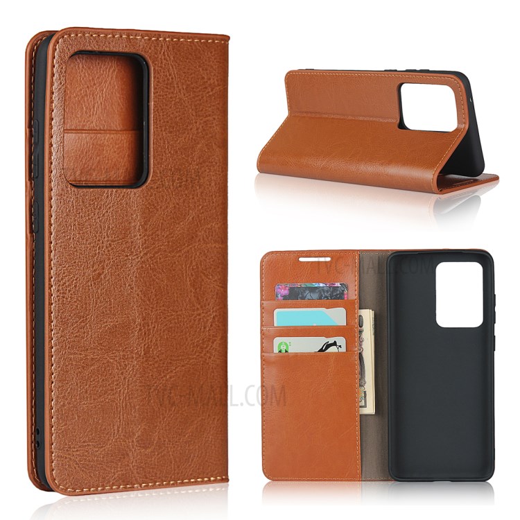 Crazy Horse Genuine Leather Wallet Stand Phone Cover for Samsung Galaxy S20 Ultra - Light Brown-1
