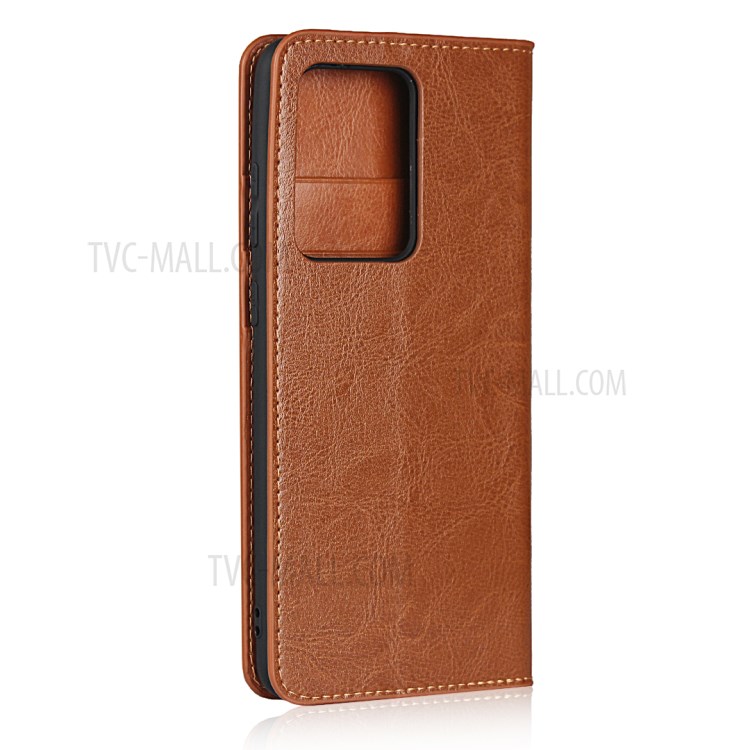 Crazy Horse Genuine Leather Wallet Stand Phone Cover for Samsung Galaxy S20 Ultra - Light Brown-3